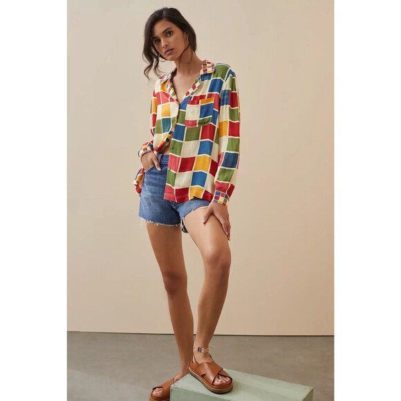 Farm Rio Anthropologie Blouse Womens Medium Mosaic Puff Sleeve Multicolor - Picture 1 of 9